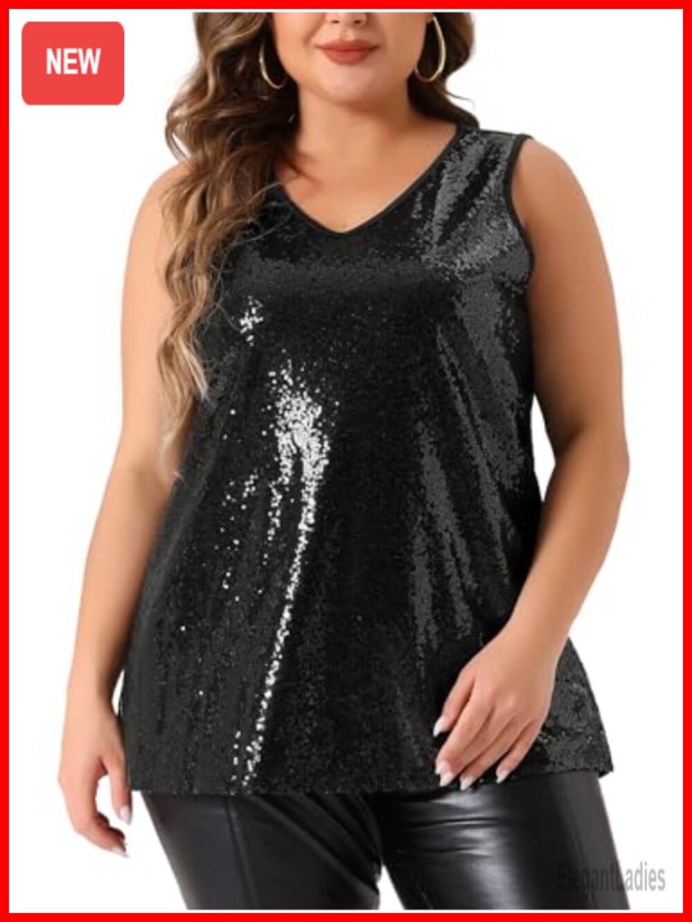 Plus Size Sequin V Neck Sleeveless Tank Top